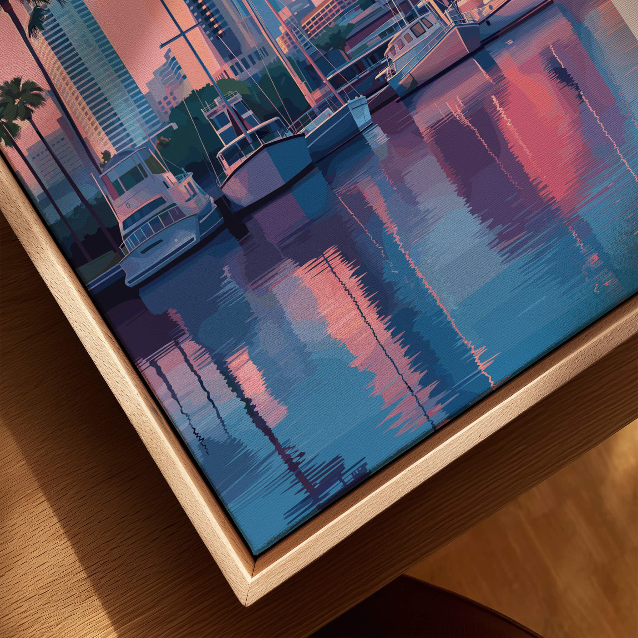 Tampa Florida Travel Poster | Marina Harbor & Skyline Wall Art Print showcasing colorful reflections on water.