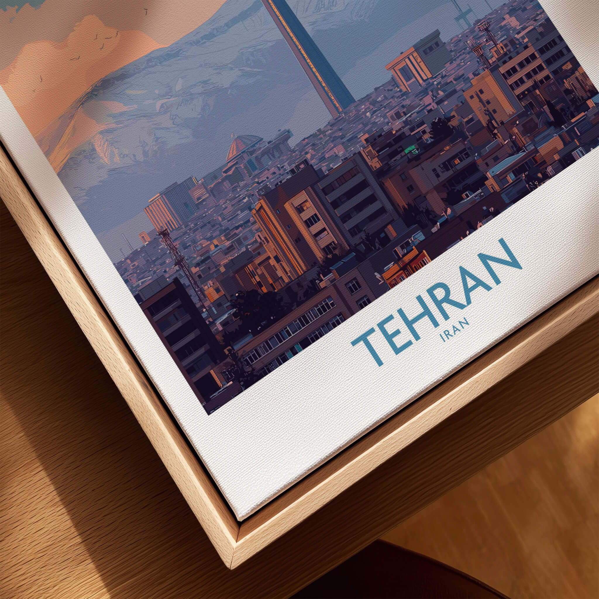 Tehran Iran Canvas Print | Evening City Landscape Poster displayed on a wooden frame highlighting the city skyline.