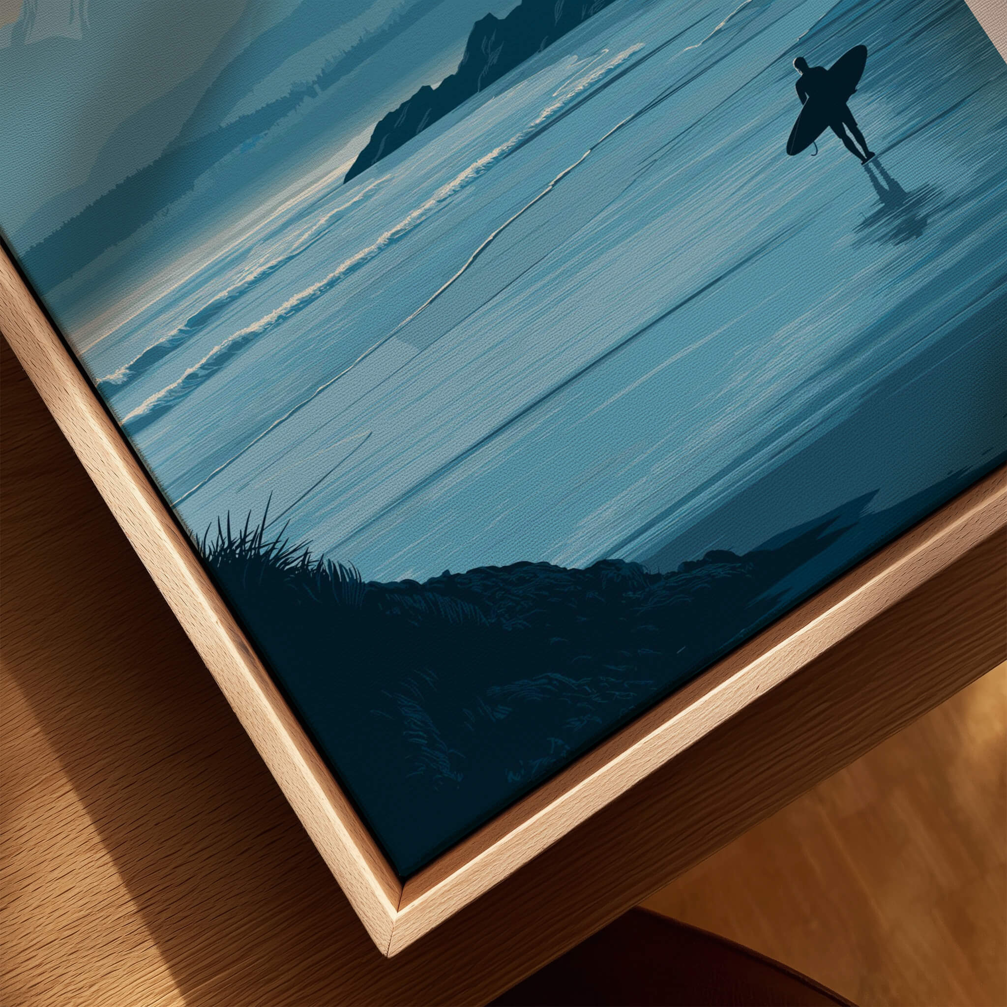 Tofino Canada Travel Poster | Pacific Coast Surfer Wall Art Print featuring a surfer at the beach with waves.