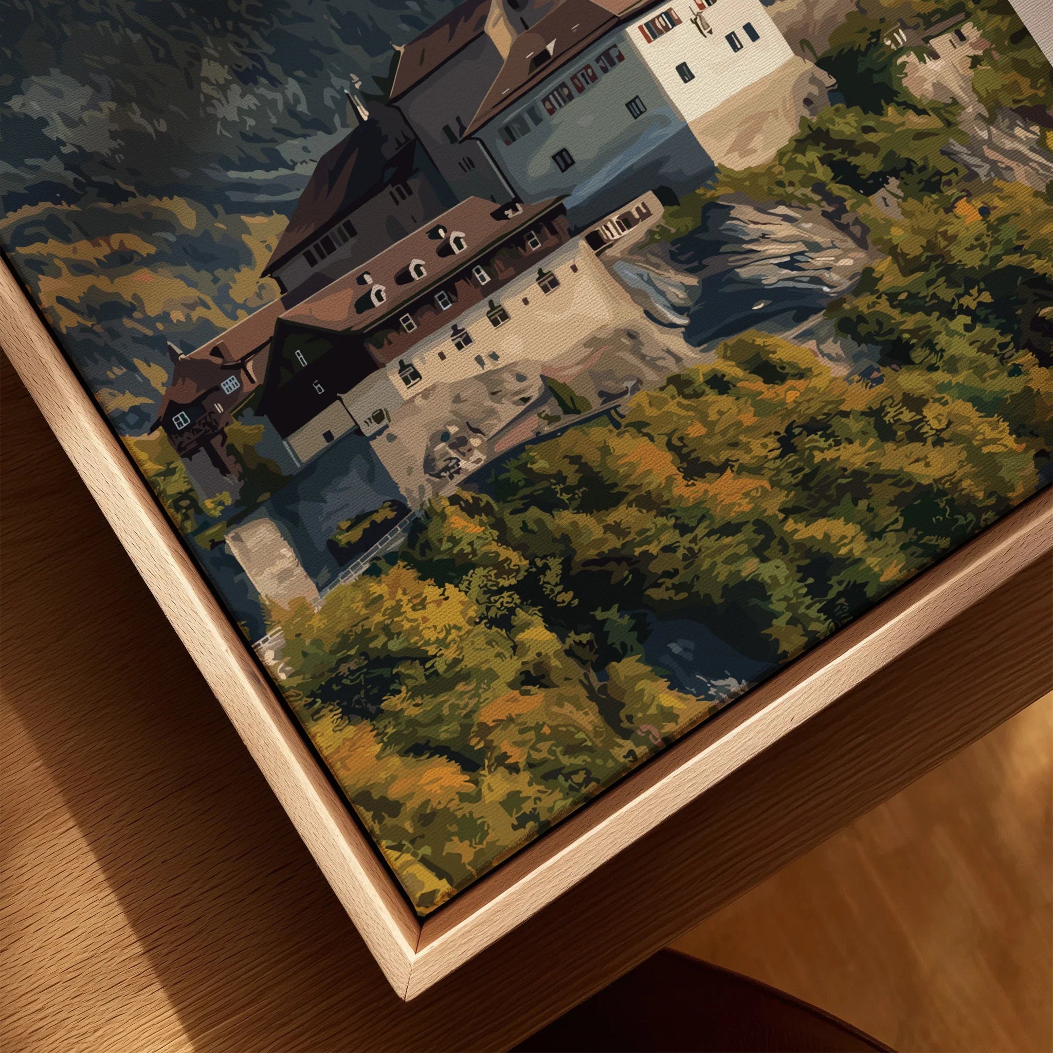 Closeup of framed canvas wall art with a detailed travel poster print and natural wood floating frame.
