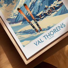 Val Thorens Print featuring vintage skis and picturesque slopes of Val Thorens, France, perfect for ski enthusiasts.