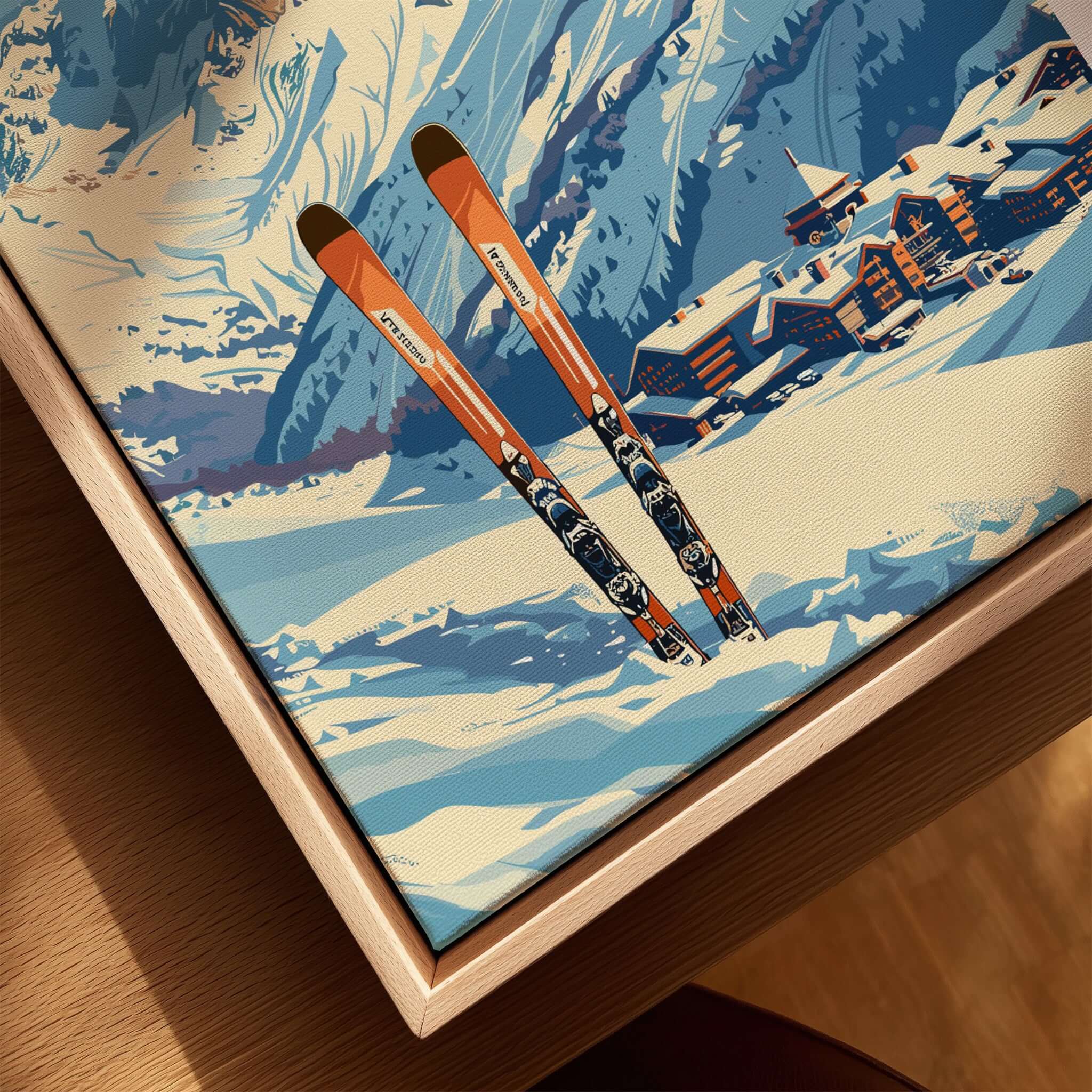 Val Thorens Travel Poster featuring skis in front of the stunning alpine scenery of Val Thorens.