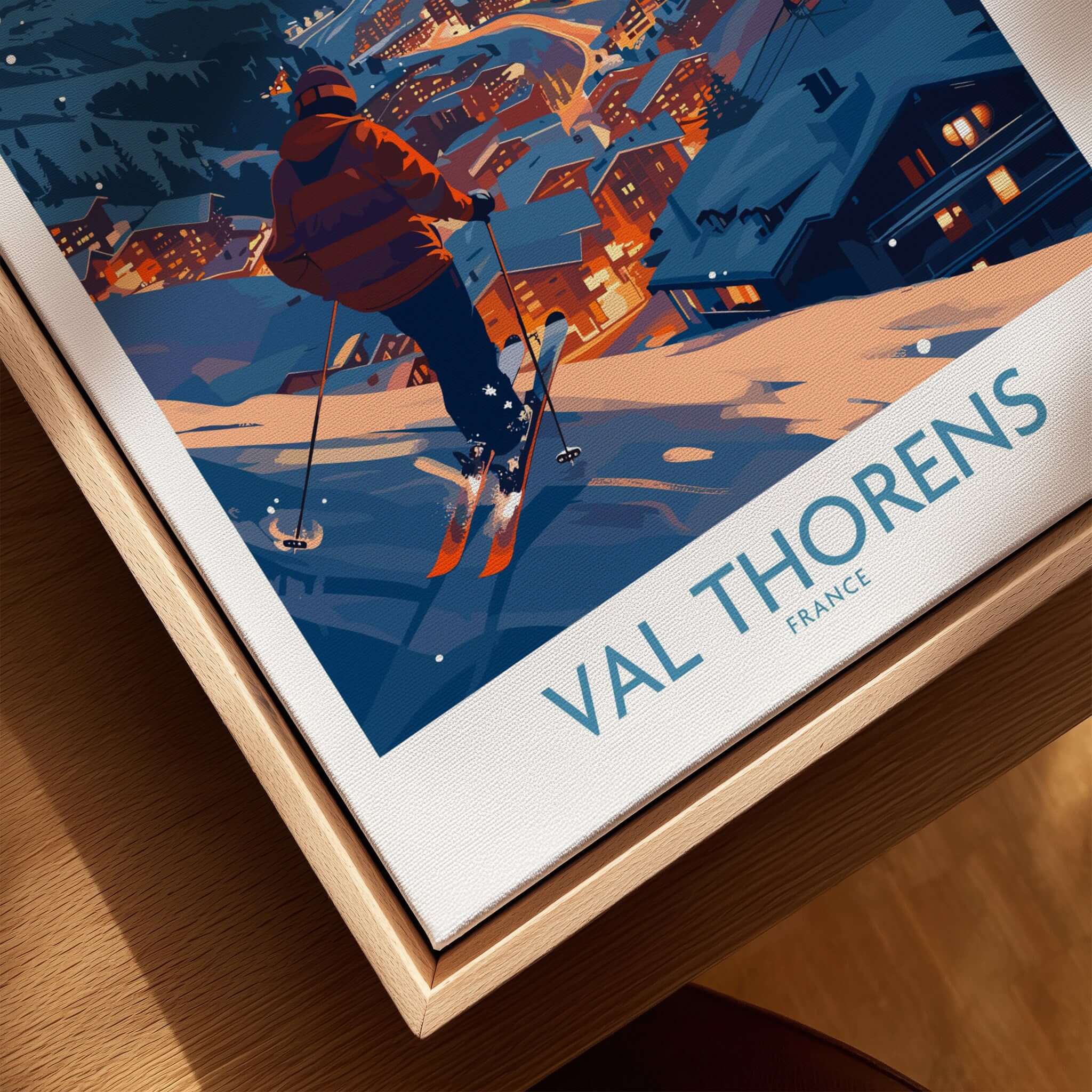 Val Thorens Ski Print showcasing a skier amidst illuminated mountain village in France.