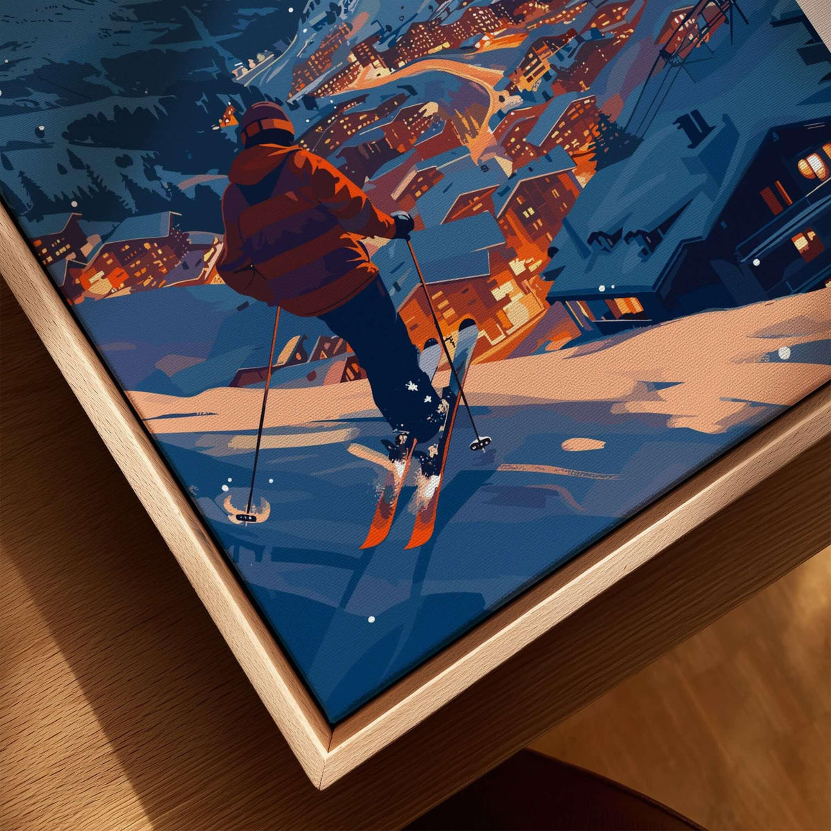 Val Thorens Ski Poster featuring a skier overlooking the illuminated French Alps village at night.