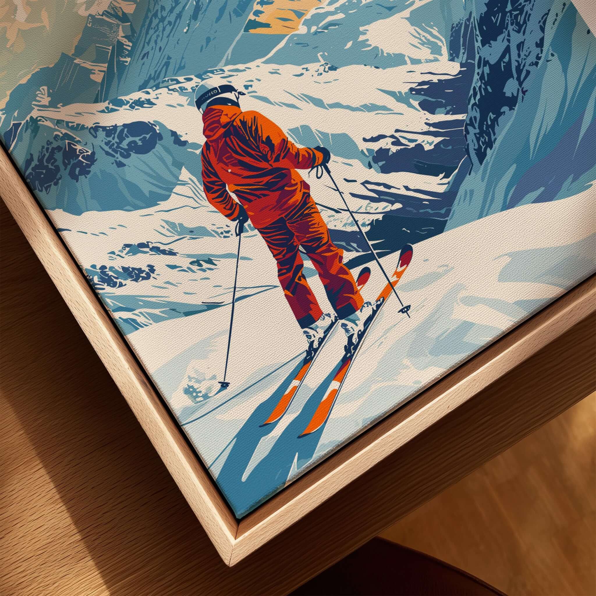 Val Thorens Poster featuring a skier descending snowy slopes with stunning mountain backdrop.