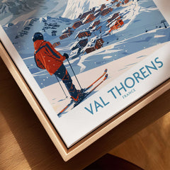 Val Thorens France Print featuring a skier on slopes and charming alpine scenery.