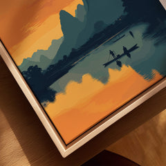 Vang Vieng Laos Travel Poster | Nam Song River Sunset Wall Art Print capturing stunning sunset over river and cliffs.