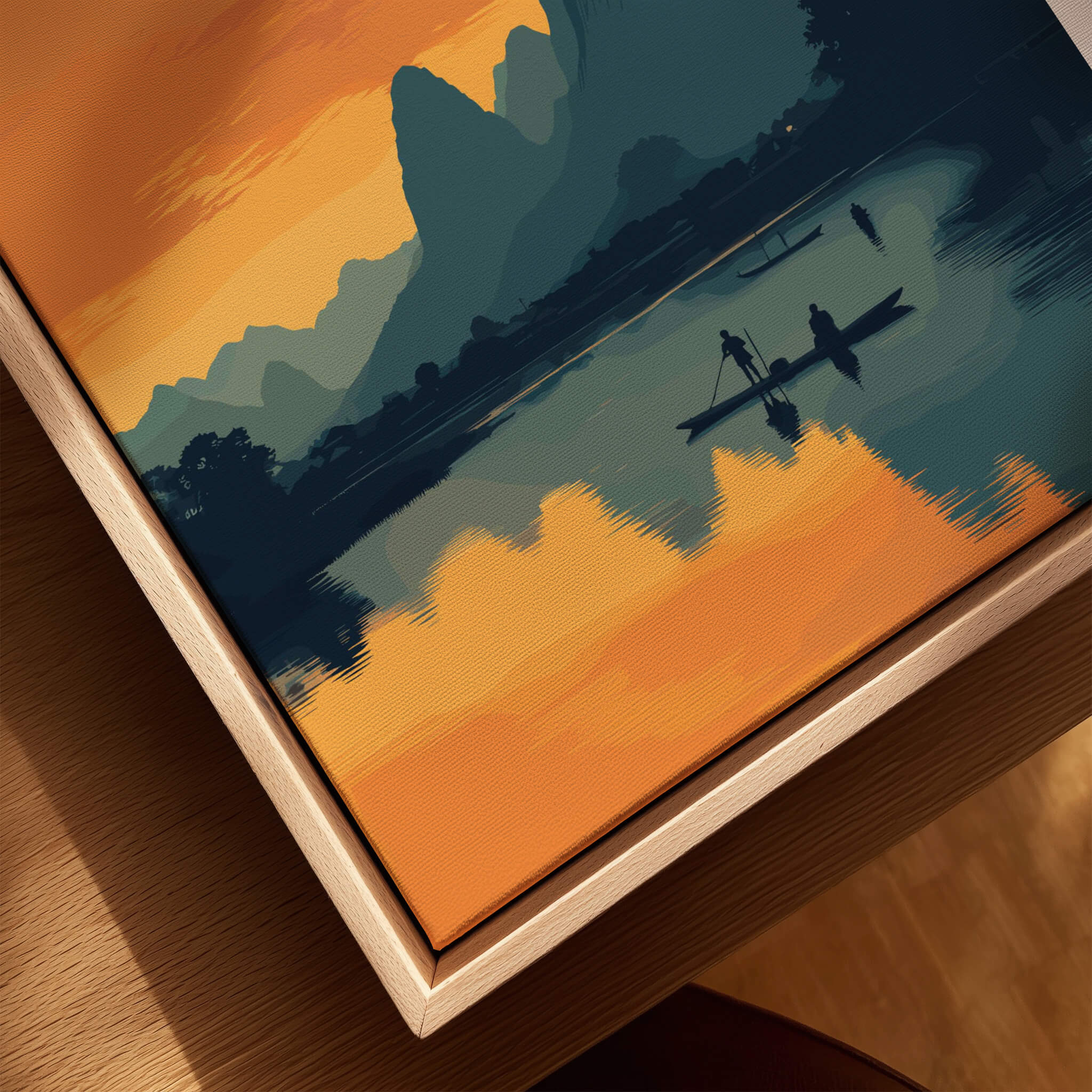 Vang Vieng Laos Travel Poster | Nam Song River Sunset Wall Art Print capturing stunning sunset over river and cliffs.