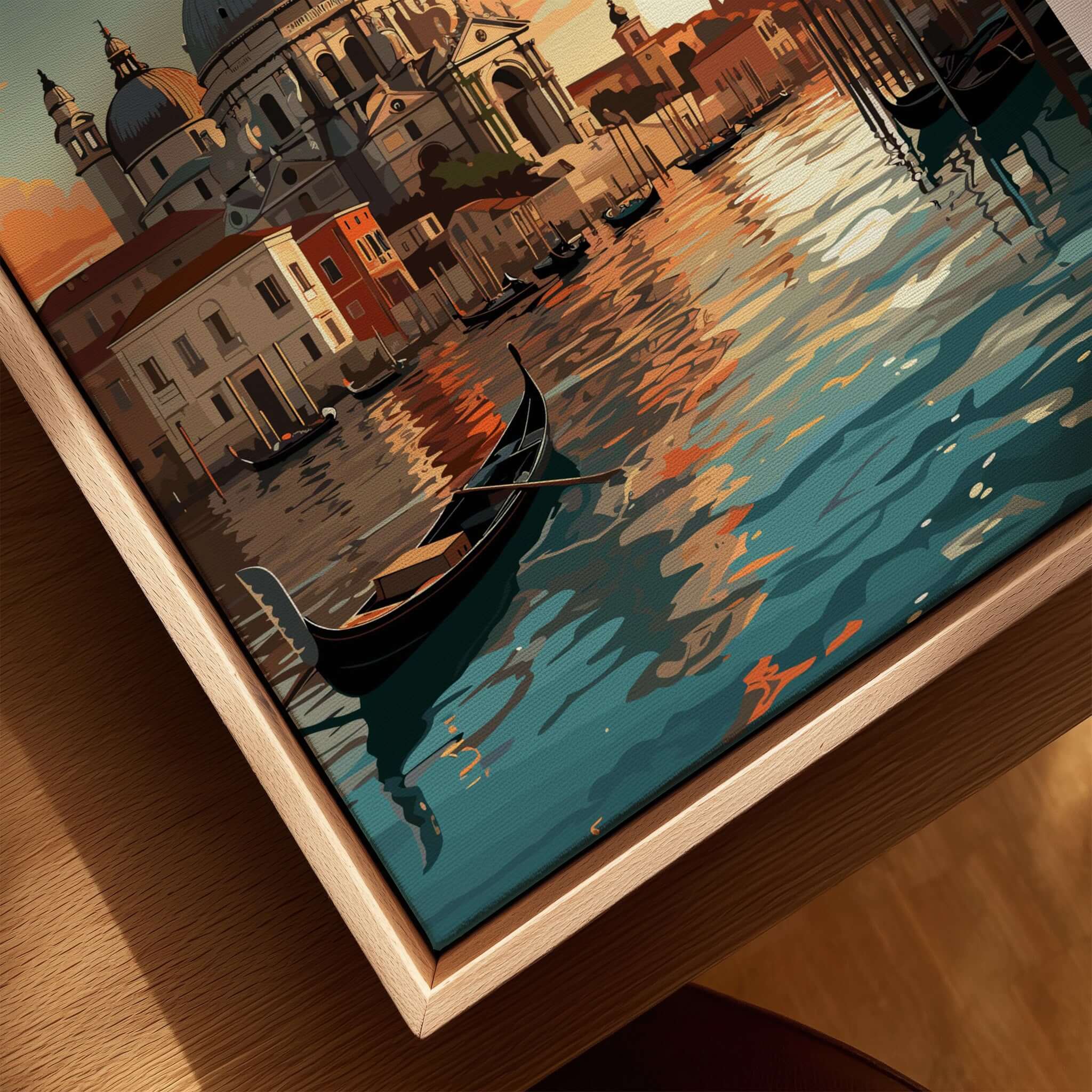 Venice Print showcasing serene canals, gondola, and sunset reflections in vibrant colors.