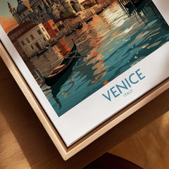 Venice Boat Print featuring a vivid depiction of gondolas on Venetian waters with sunset reflections.