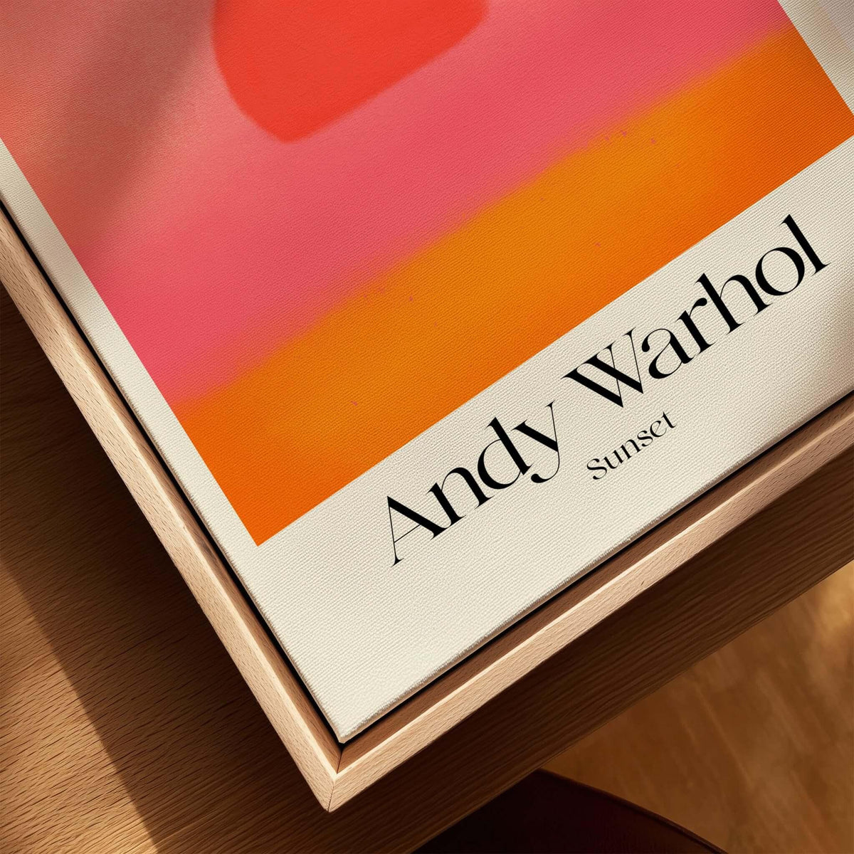 Andy Warhol Sunset Pink Orange Pop Art Print Modern Abstract Poster Wall Art on a wooden frame.