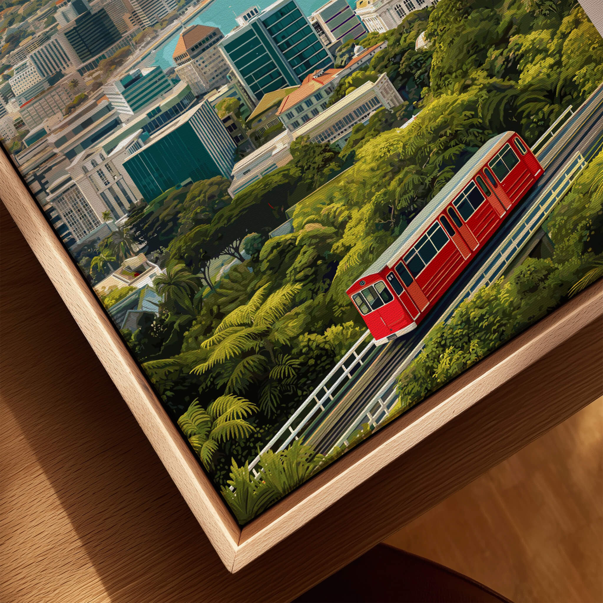 Wellington New Zealand Wall Art Print | Travel Poster featuring a vibrant tram amidst lush greenery.