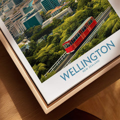 Wellington New Zealand Poster | Scenic City Skyline Landscape Canvas Print featuring a red train amidst lush greenery.
