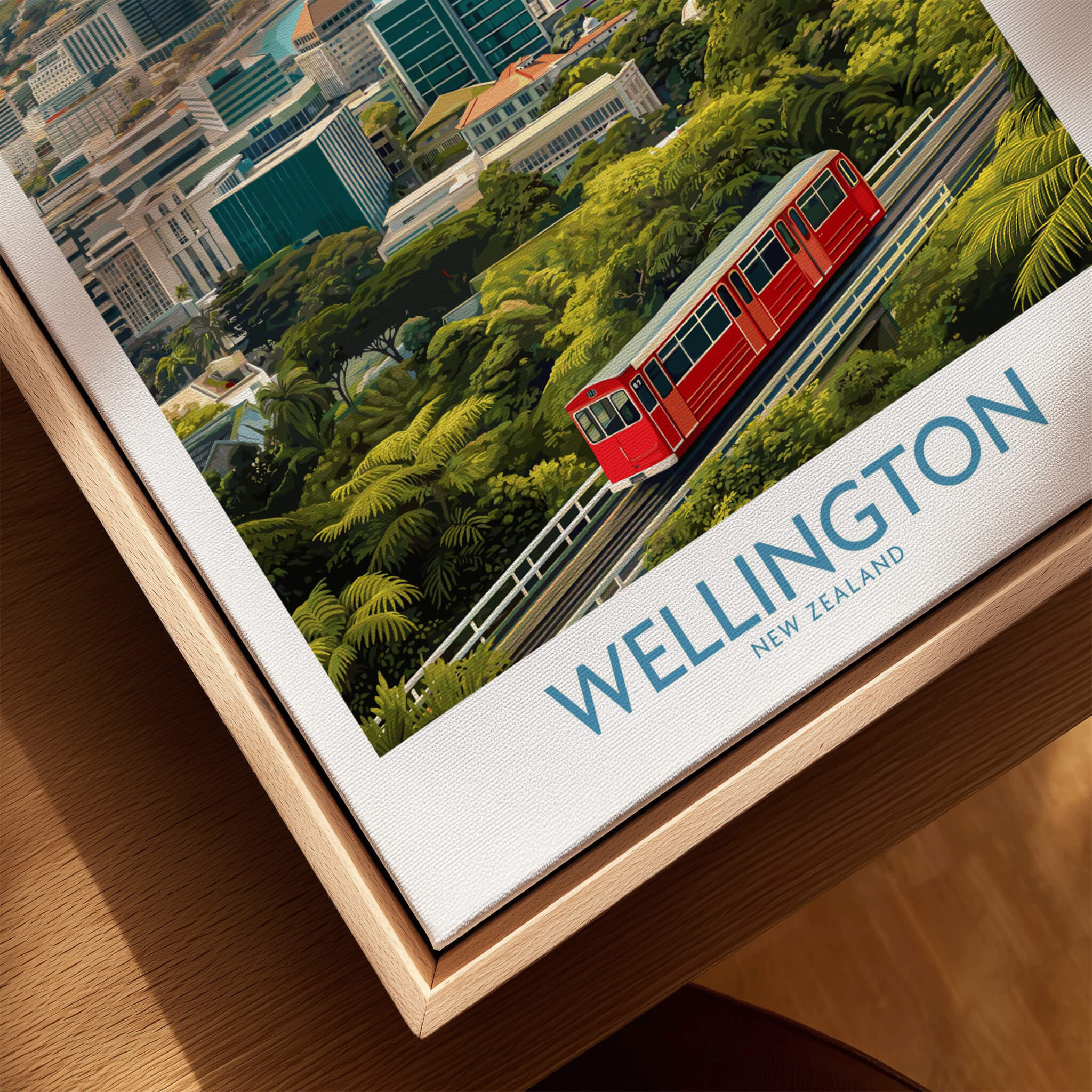Wellington New Zealand Poster | Scenic City Skyline Landscape Canvas Print featuring a red train amidst lush greenery.