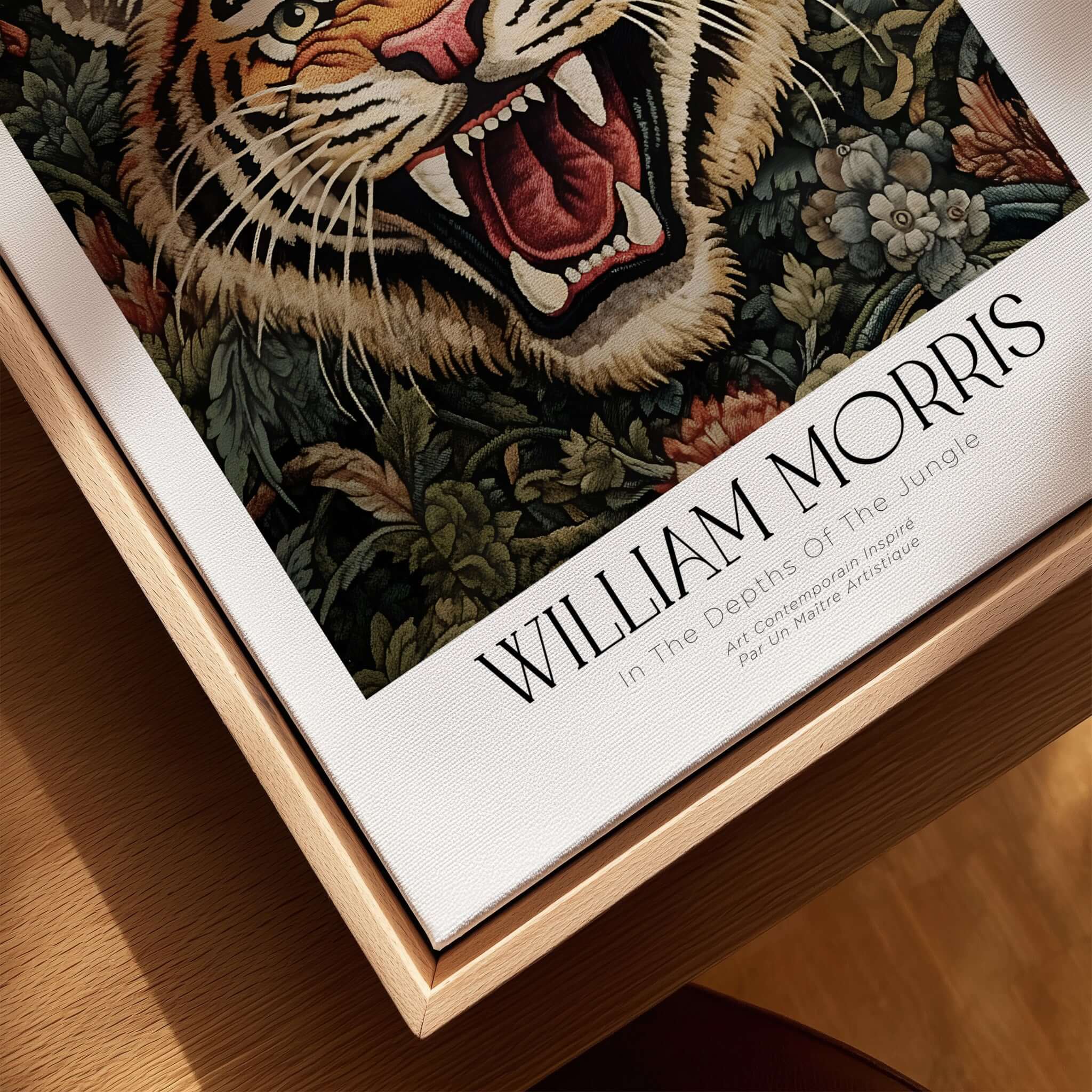 William Morris Prints - Exhibition Poster - Jungle Tiger featuring a roaring tiger in vibrant, detailed jungle foliage.