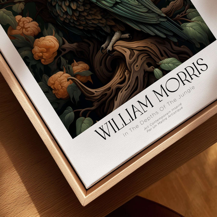 William Morris Prints - Wise Owl Botanical Art Print - Floral Tree Poster displayed in a wooden frame on a table.