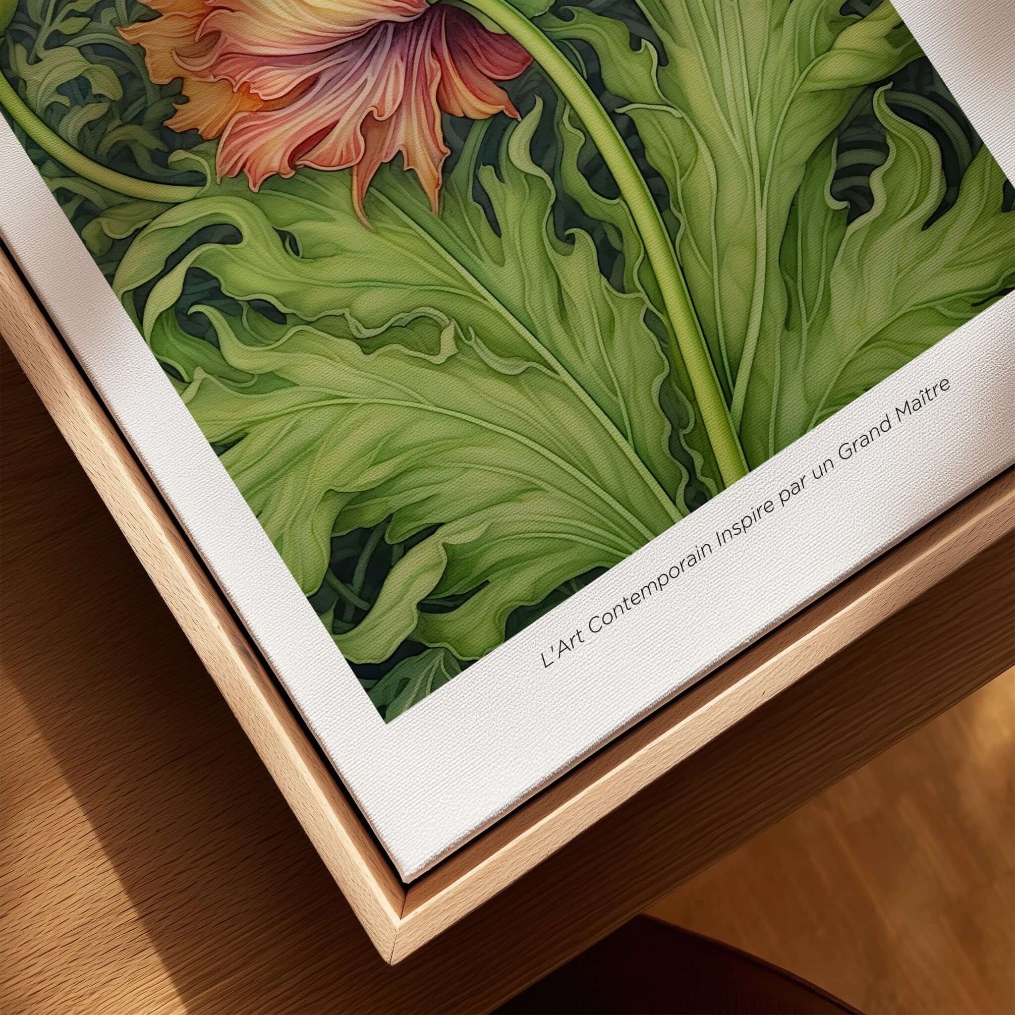 William Morris Prints - Large Floral Bloom Art Print - Botanical Poppy Poster displayed in a wooden frame.