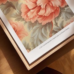 William Morris Prints - Pink Peony Pattern Art Print - Floral Botanical Poster displayed on a wooden surface.