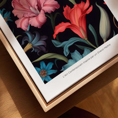 William Morris Prints - Dark Floral Lily Art Print - Vibrant Botanical Poster framed, showcasing vibrant flowers against a dark background.