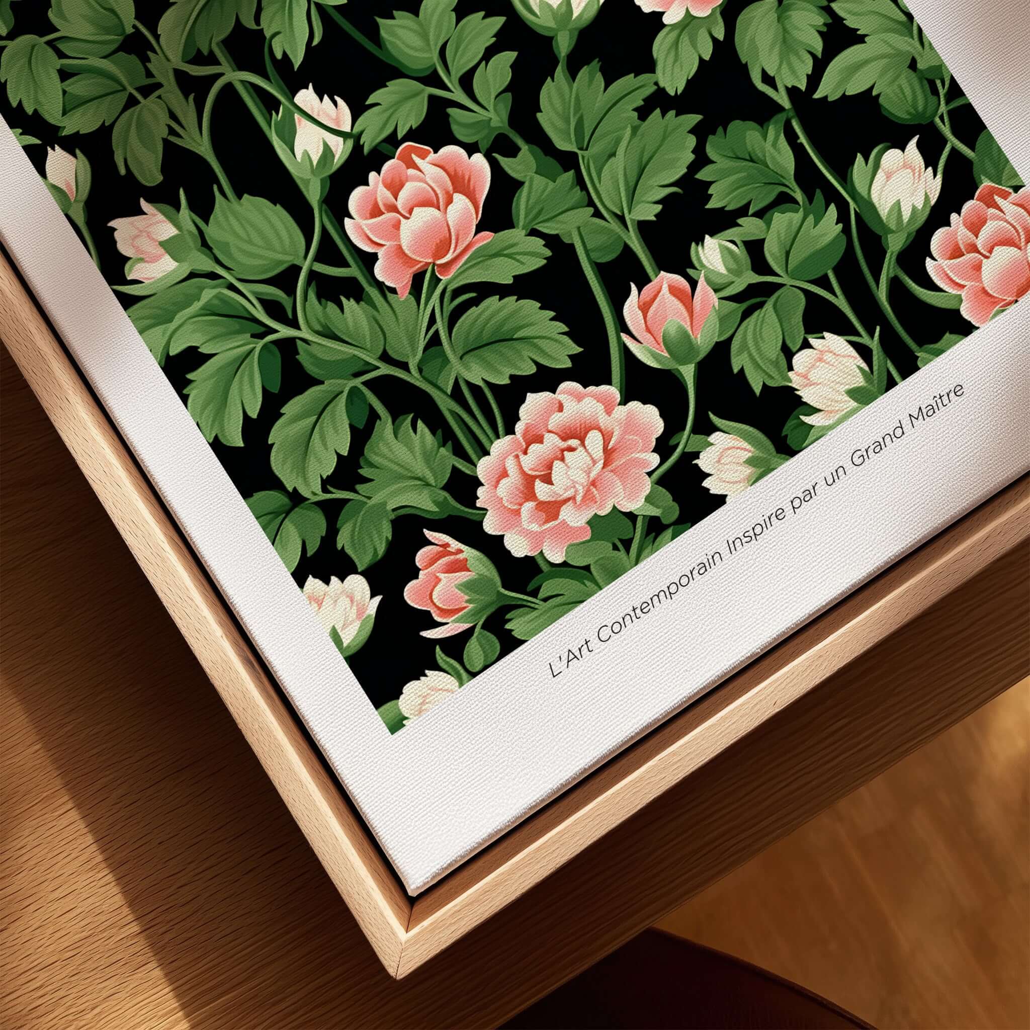 William Morris Prints - Pink Blossom Art Print - Dark Botanical Poster featuring pink flowers and green leaves on black background.