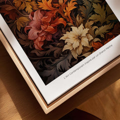 William Morris Prints - Rich Floral Foliage Pattern Art Print - Autumnal Botanical Poster displayed on a wooden frame.