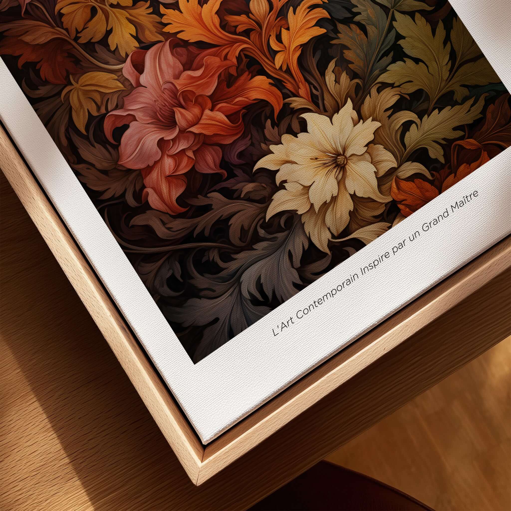 William Morris Prints - Rich Floral Foliage Pattern Art Print - Autumnal Botanical Poster displayed on a wooden frame.