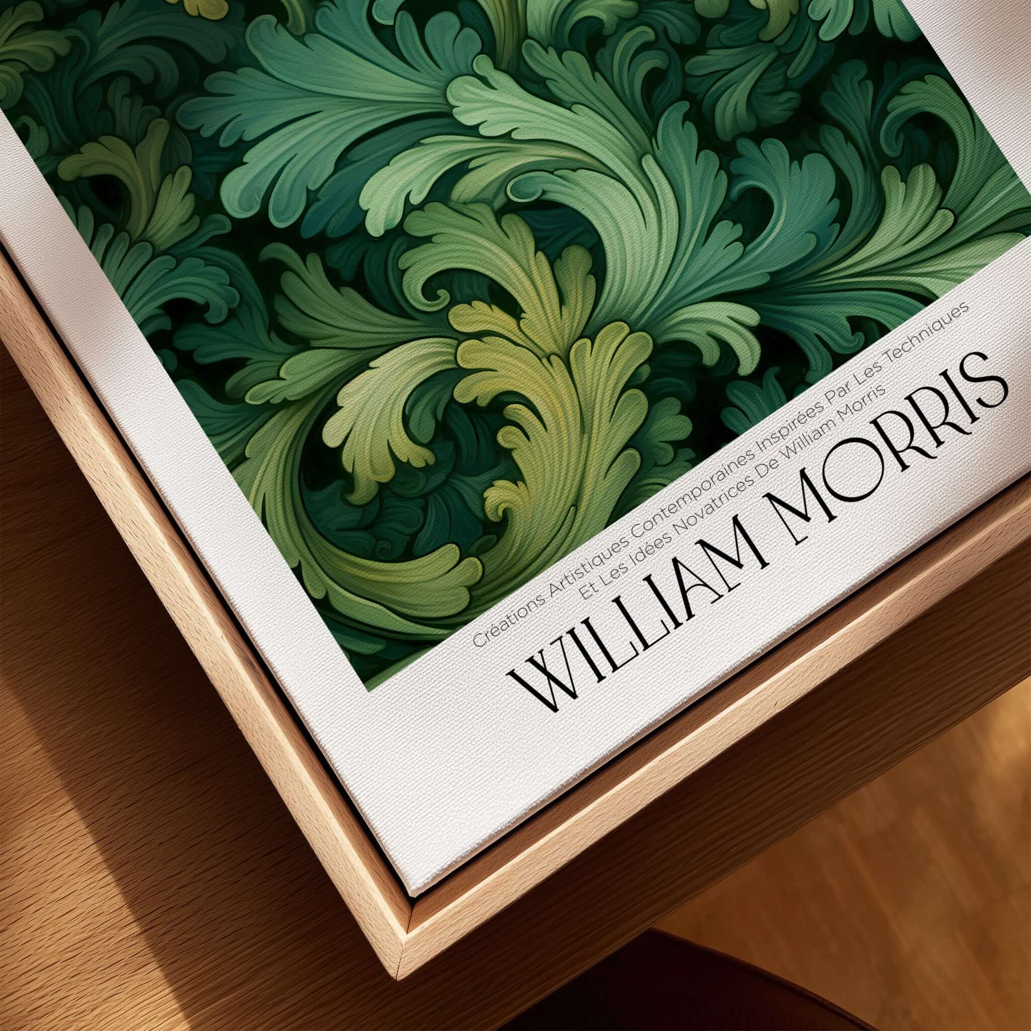 William Morris Prints - Green Acanthus Swirl Pattern Art Print - Botanical Foliage Poster on a wooden surface.