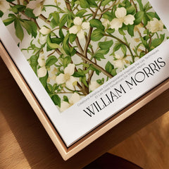 William Morris Prints - White Blossom Branch Art Print - Exhibition Poster showcasing delicate blossoms and lush green leaves.
