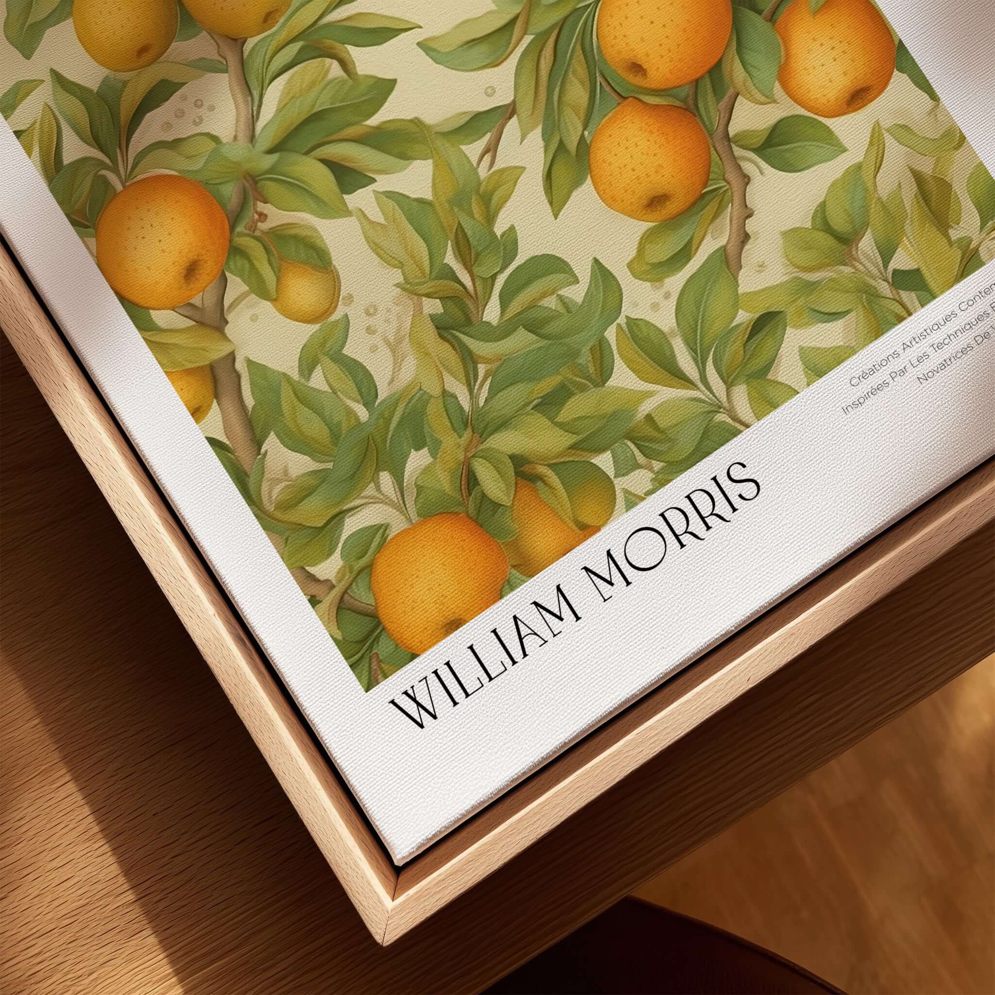 William Morris Prints - Orange Grove Fruit Tree Art Print - Botanical Poster showcasing vibrant oranges and lush green leaves.