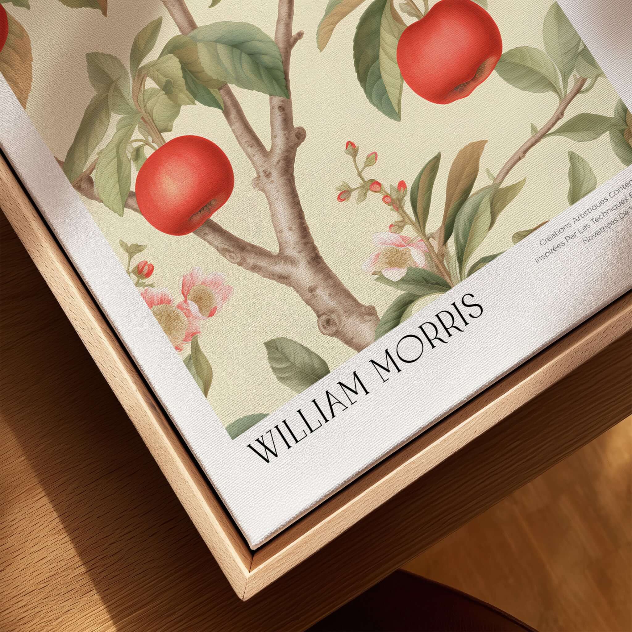 William Morris Prints - Apple Tree Fruit Botanical Art Print - Orchard Blossom Poster featuring apples and blossoms on a branch.