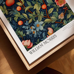 William Morris William Morris Fruit and Floral Vine Art Print - Dark Botanical Poster displayed in a wooden frame.