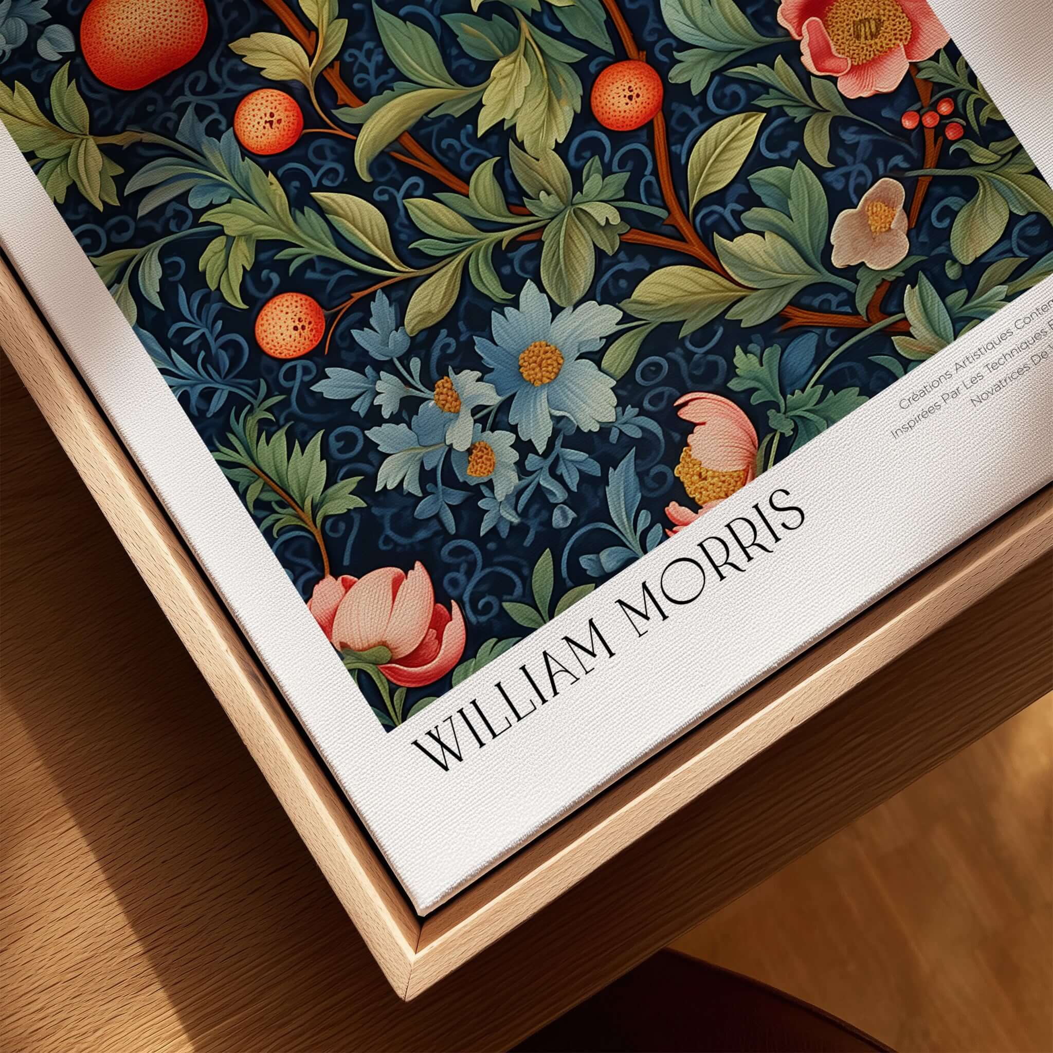 William Morris William Morris Fruit and Floral Vine Art Print - Dark Botanical Poster displayed in a wooden frame.