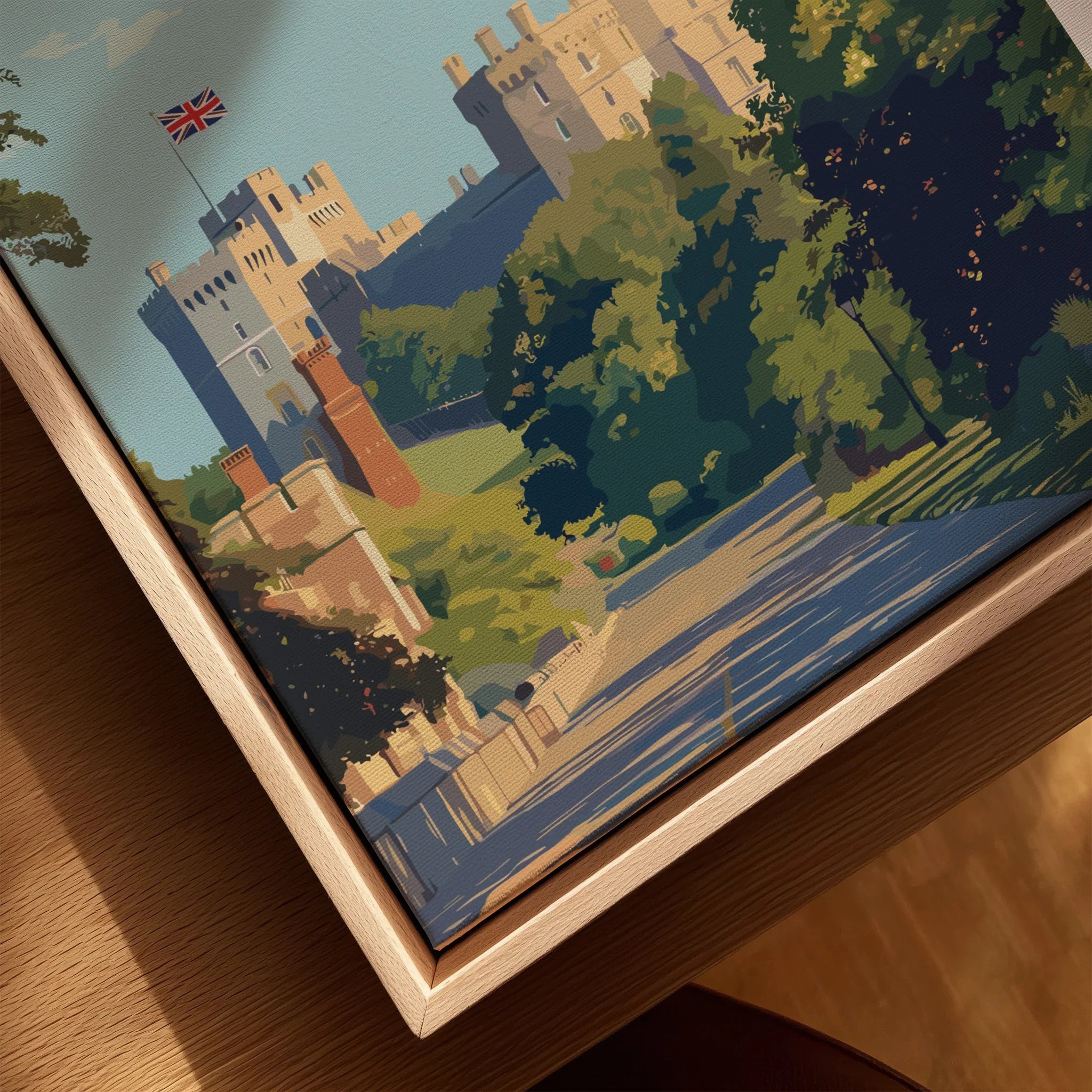 Close-up of framed canvas print with Windsor Castle travel art in natural wood floating frame
