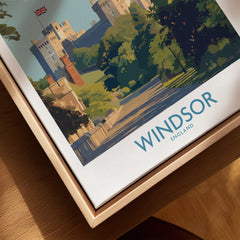 Closeup of Windsor England travel poster in natural wood floating frame