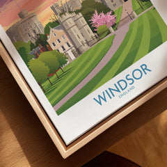 Closeup of Windsor England travel poster in natural wood floating frame