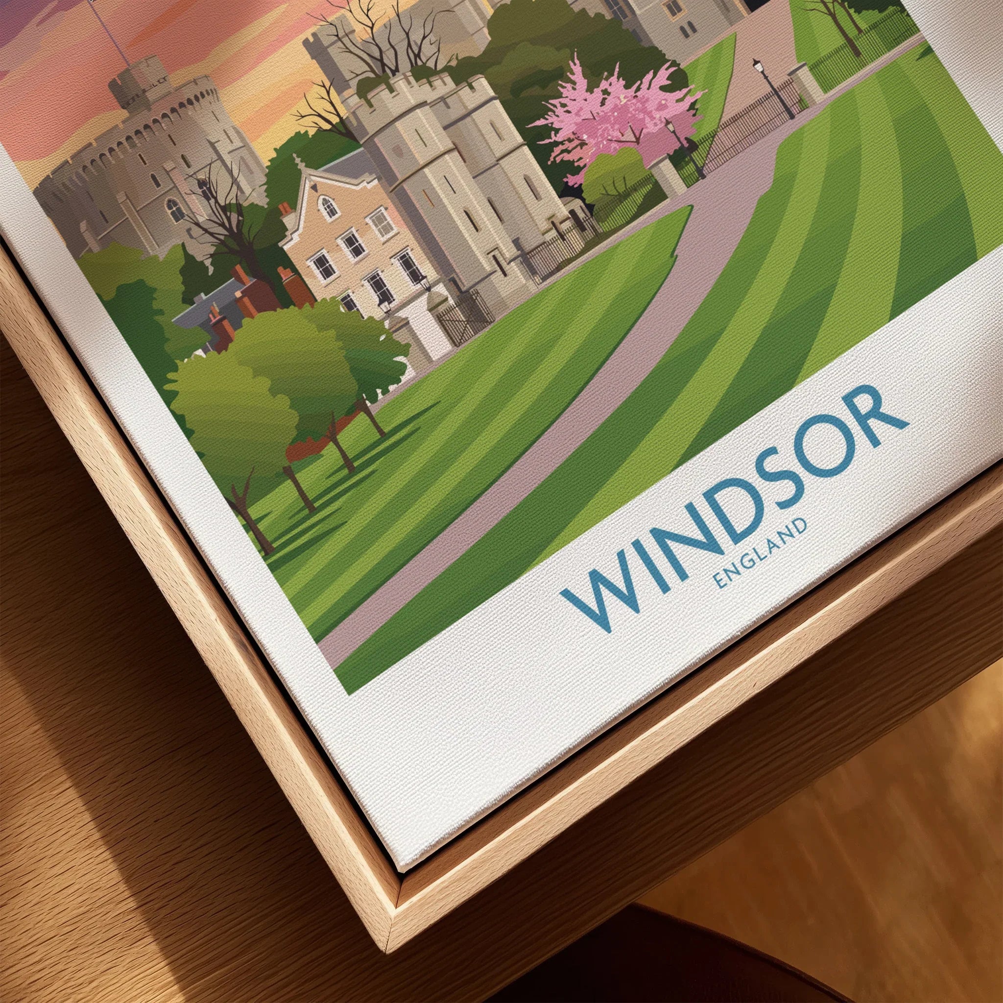 Closeup of Windsor England travel poster in natural wood floating frame