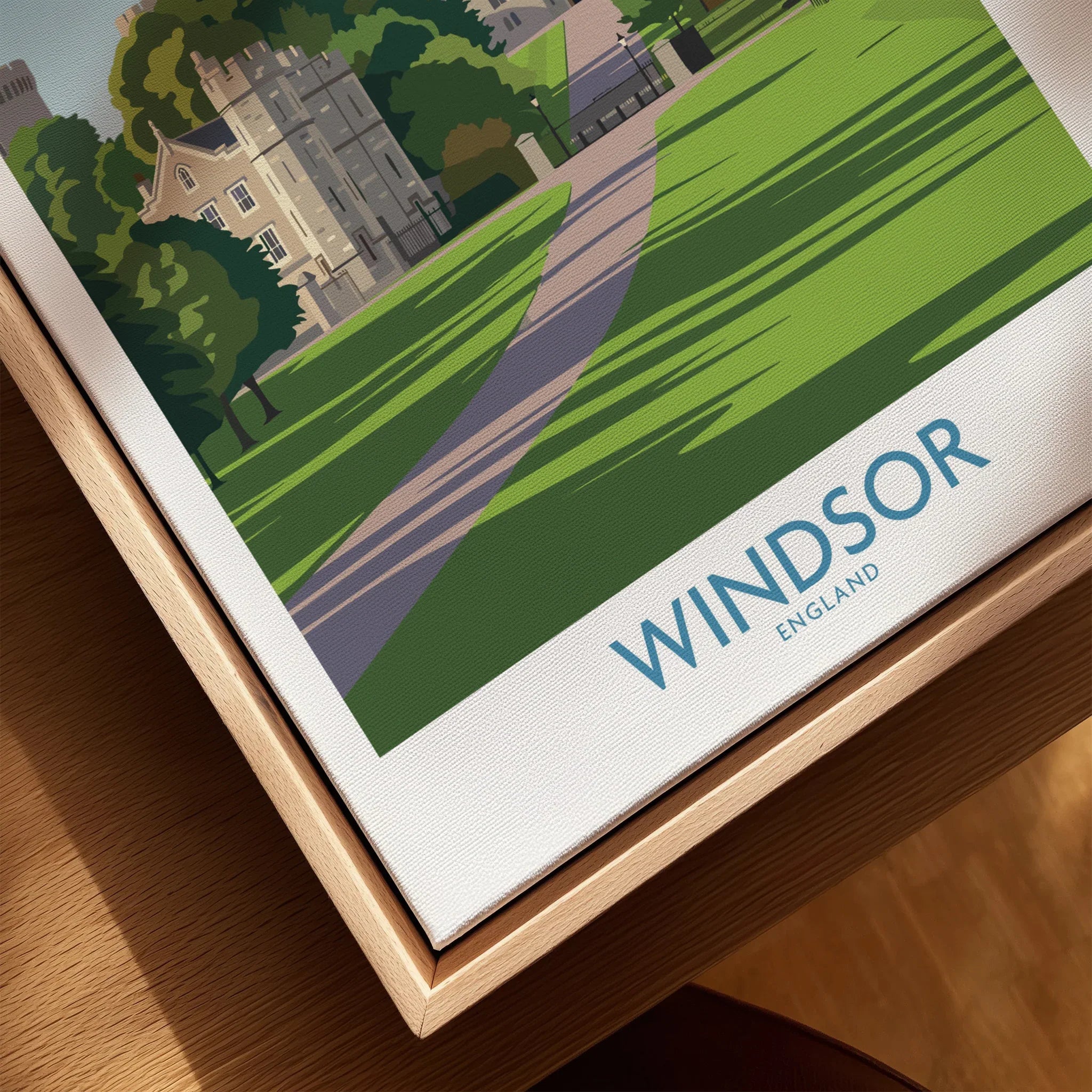 Close-up of Windsor England travel poster in natural wood floating frame, canvas texture visible