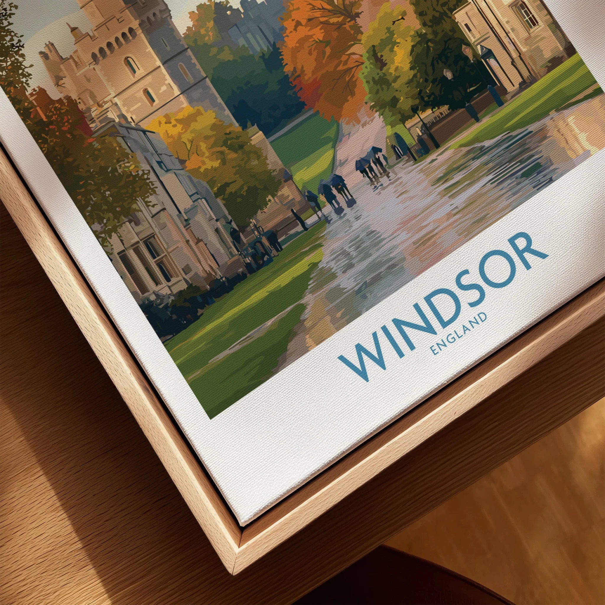 Windsor England travel poster close-up in natural wood floating frame, wall art print