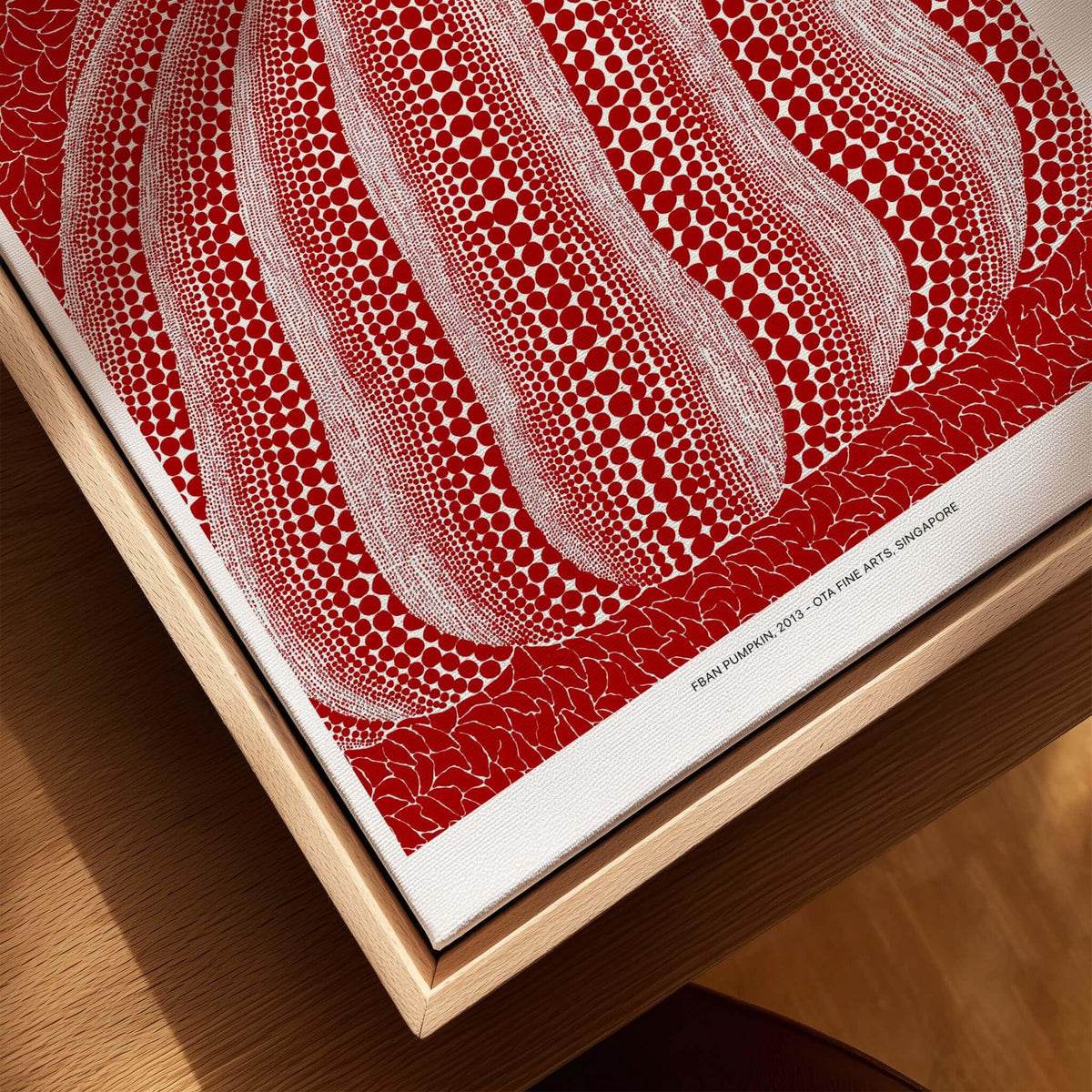 Yayoi Kusama Red White Pumpkin 2013 Singapore Exhibition Art Print Poster Polka Dot detail view on wooden frame