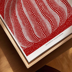 Yayoi Kusama Red White Pumpkin 2013 Singapore Exhibition Art Print Poster Polka Dot detail view on wooden frame
