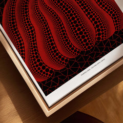 Yayoi Kusama Red Black Pumpkin 2000 Tokyo Exhibition Poster Polka Dot Art Print with bold red pumpkin design.