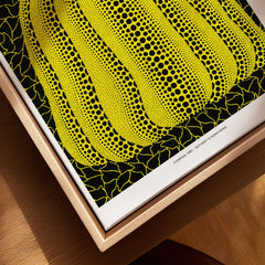 Yayoi Kusama Yellow Black Pumpkin 1991 Hong Kong Art Print Poster Polka Dot Decor featuring vibrant yellow polka dots.