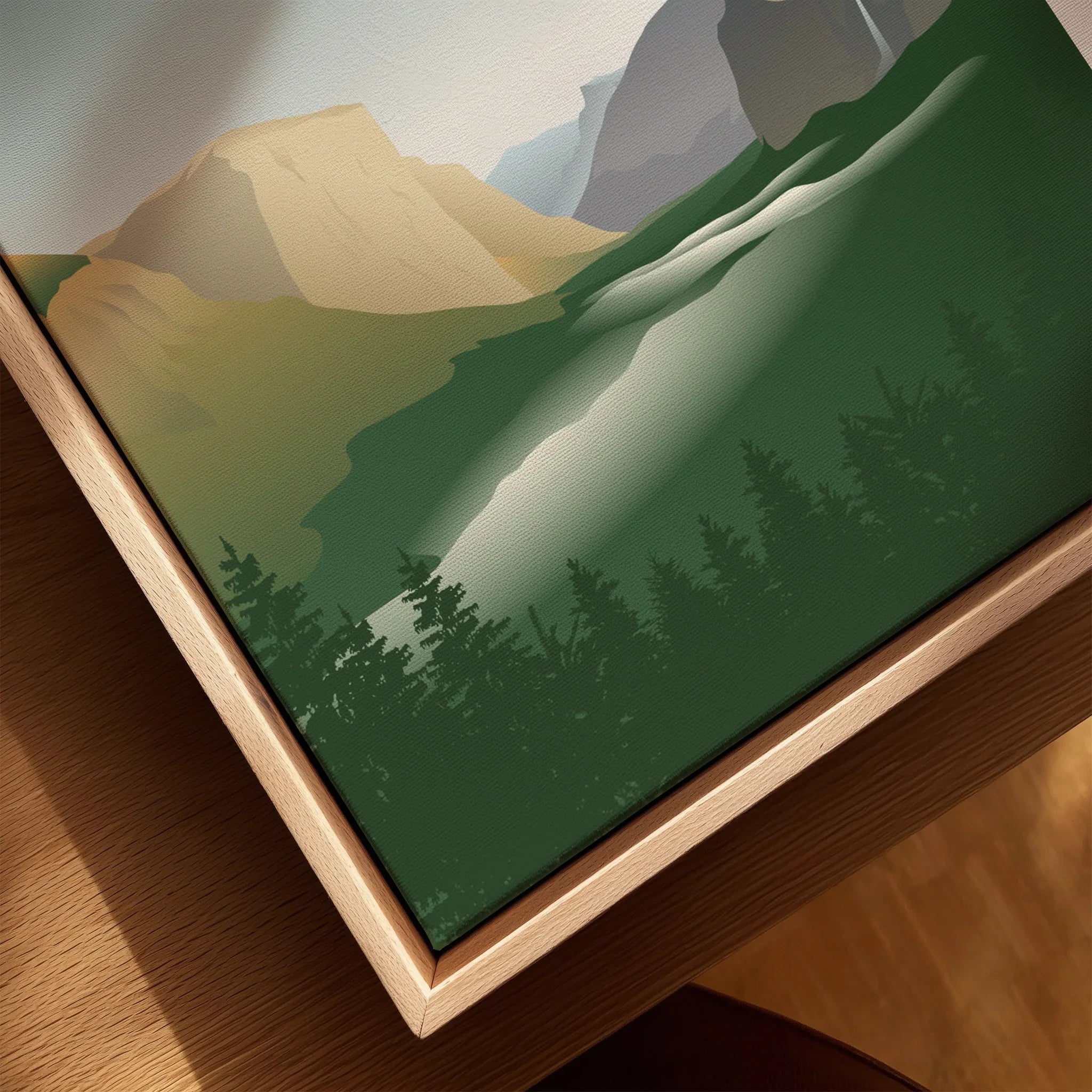 Closeup of Yosemite National Park landscape canvas print in natural wood floating frame
