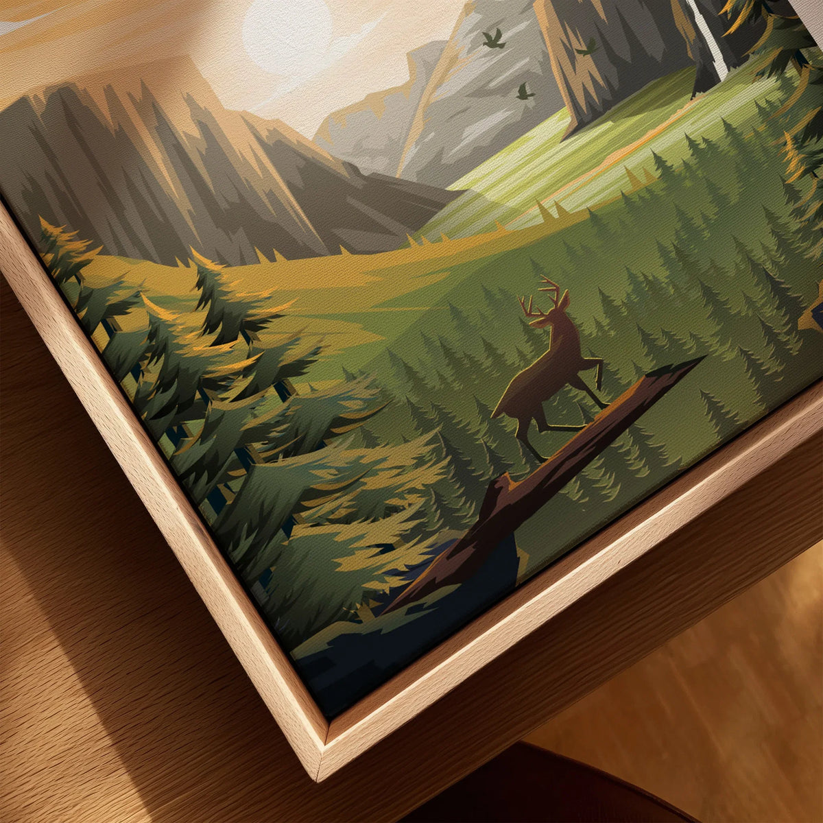 Closeup of Yosemite National Park wall art with deer, pine trees, and natural wood frame