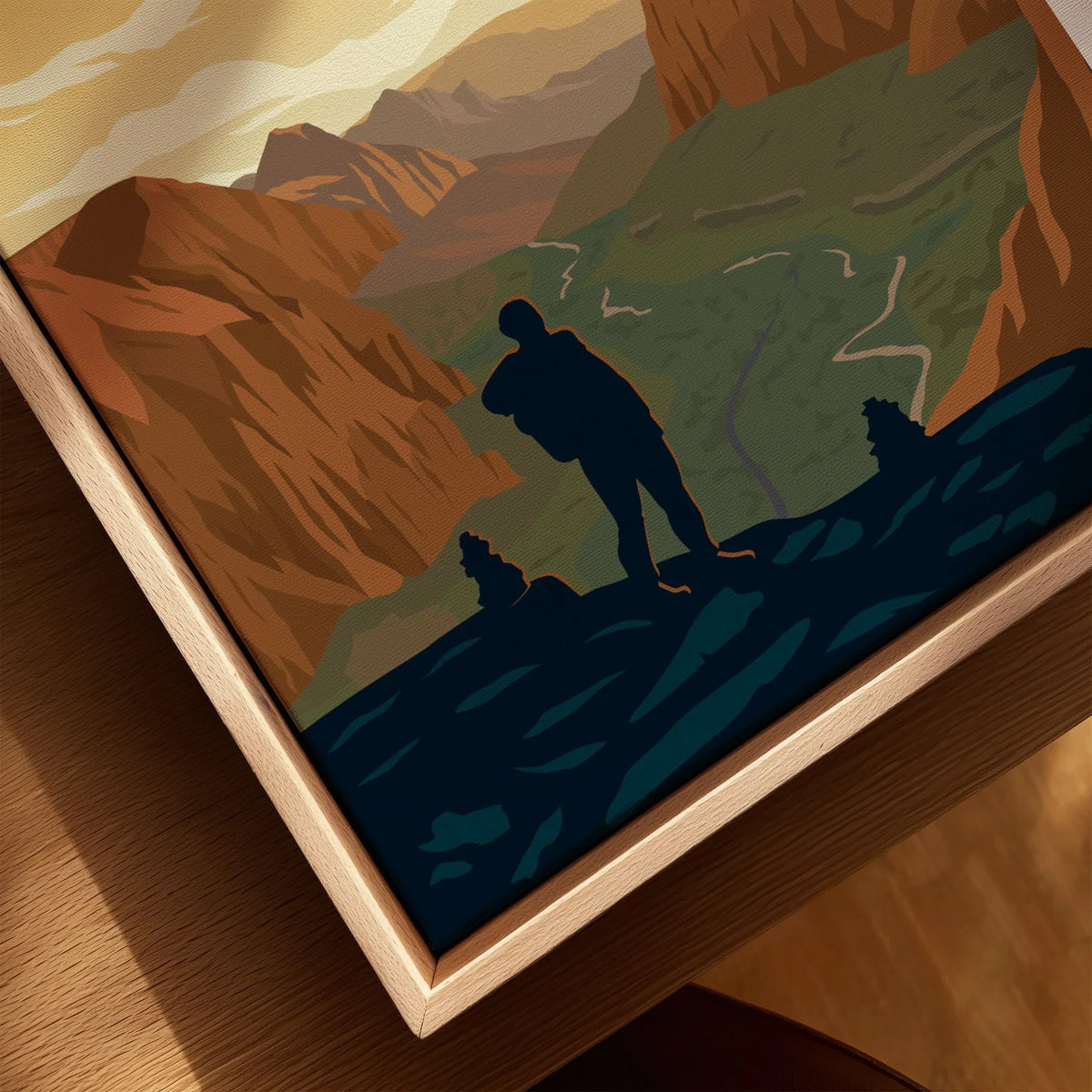 Framed canvas art of Zion National Park with a hiker silhouette and canyon landscape