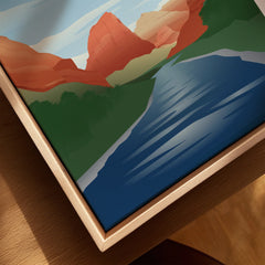 Closeup of Zion National Park landscape print with river and red rock mountains in wood frame