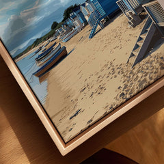 Abersoch Welsh Seaside Village Scene Print | Llyn Peninsula Home Art showcasing beach huts and boats on sandy shore.