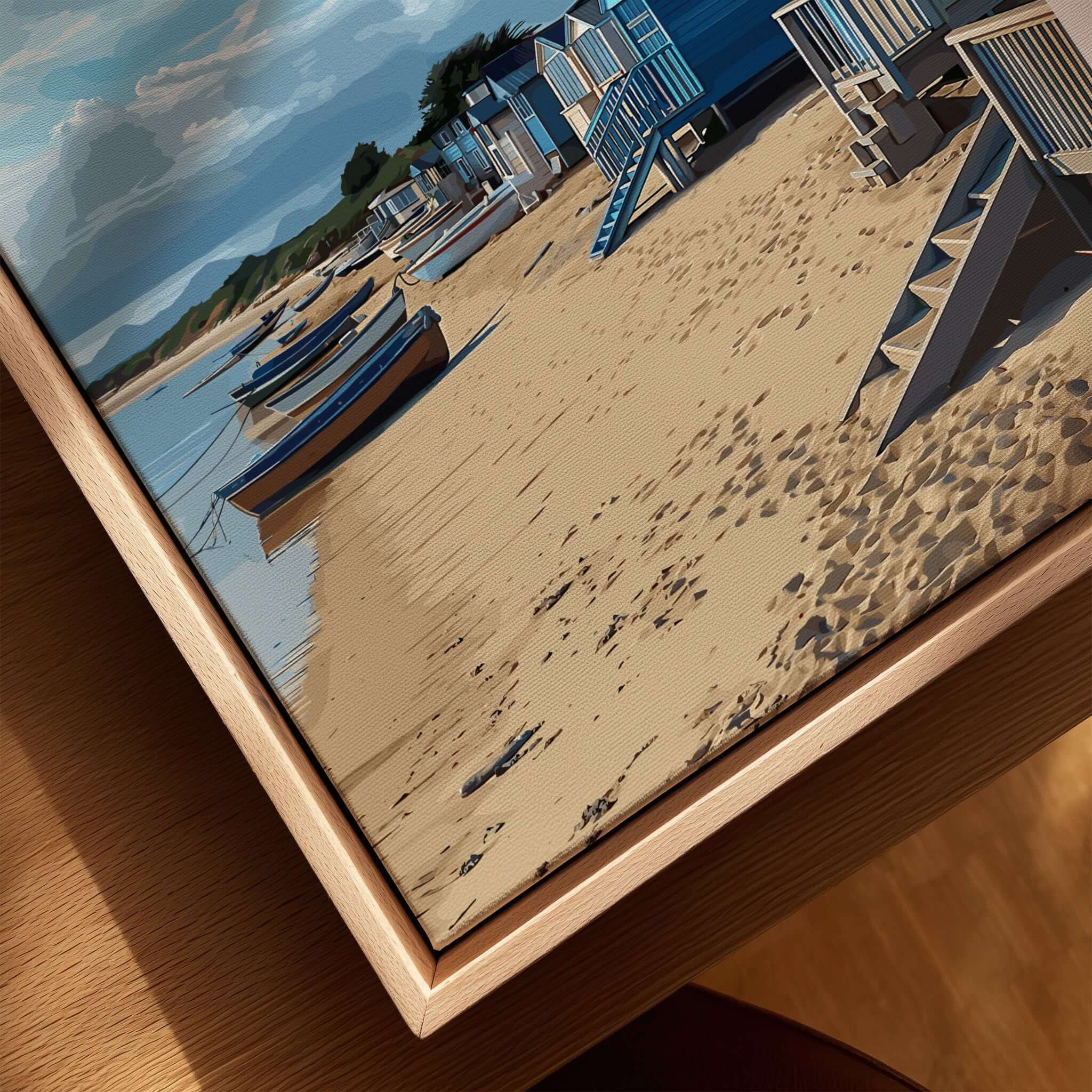 Abersoch Welsh Seaside Village Scene Print | Llyn Peninsula Home Art showcasing beach huts and boats on sandy shore.