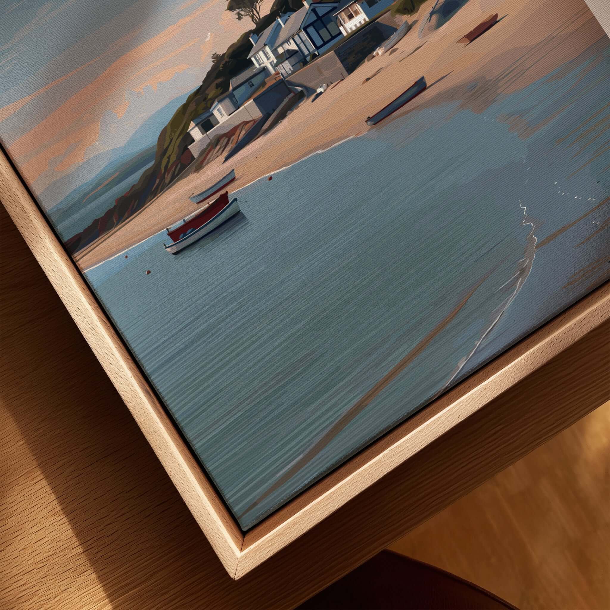 Abersoch Llyn Peninsula Shoreline View Canvas Print | Welsh Seaside Travel Poster with colorful beach and boats.