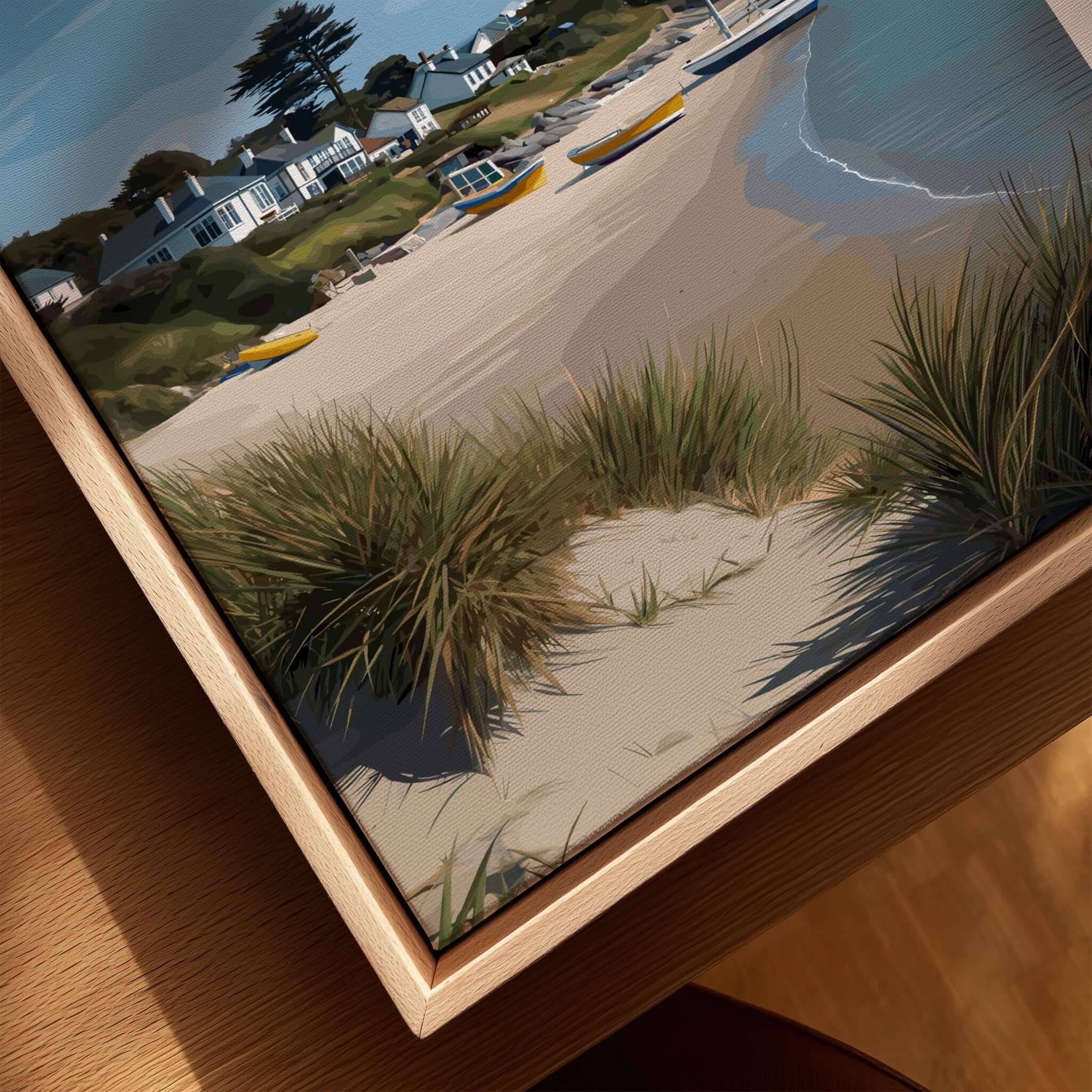 Abersoch Llyn Peninsula Boating Scene Canvas Print | Welsh Seaside Home Decor featuring a sandy beach and traditional boats.